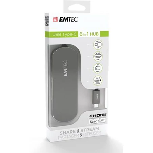 USB elosztó-HUB, USB-C/USB 3.1/HDMI/SD kártya, EMTEC "T650C"