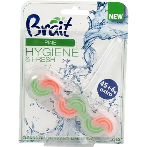 WC tisztító blokk, 2 fázisú, 45 g, "Brait Hygiene and fresh", fenyő