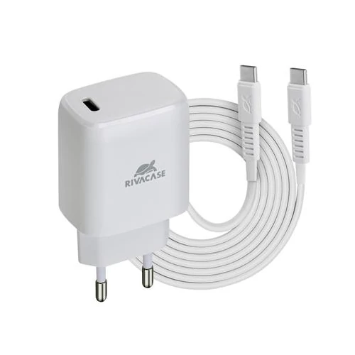 Hálózati töltő, 20W, USB-C (PD 3.0), USB-C töltőkábel, RIVACASE "PS4191", fehér