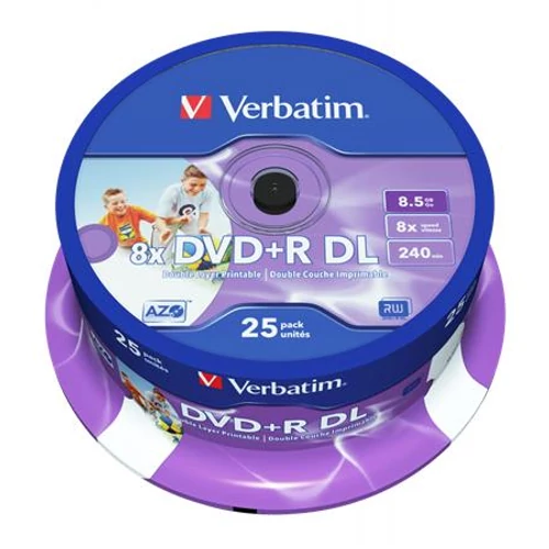 DVD+R lemez, kétrétegű, nyomtatható, no-ID, 8,5GB, 8x, 25 db, hengeren, VERBATIM "Double Layer"