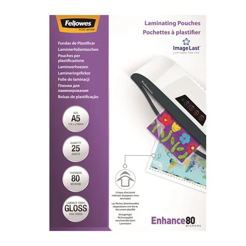 Meleglamináló fólia, 80 mikron, A5, fényes, 25 db,  FELLOWES