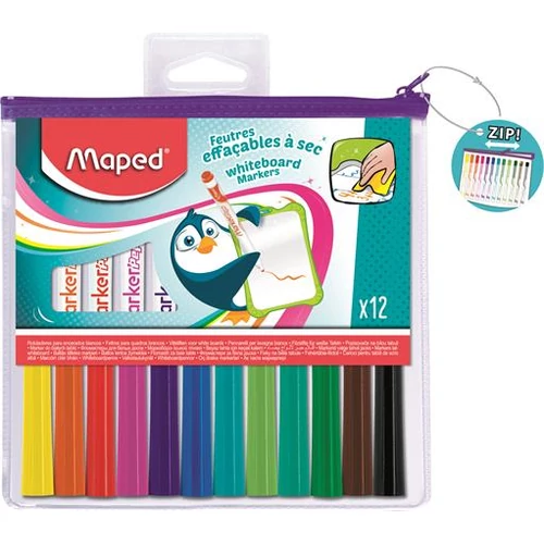 Táblamarker készlet, 1,5 mm, kimosható, fehértáblához, MAPED "Marker`Peps, 12 különböző szín