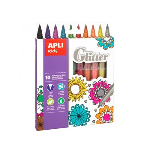 Filctoll készlet, 3,8 mm, csillámos, APLI "Kids Glitter", 10 különböző szín