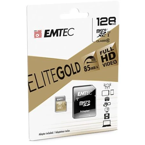 Memóriakártya, microSDXC, 128GB, UHS-I/U1, 85/20 MB/s, adapter, EMTEC "Elite Gold"