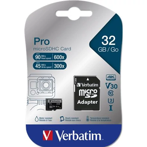 Memóriakártya, microSDHC, 32GB, CL10/U3, 90/45 MB/s, adapter, VERBATIM "PRO"