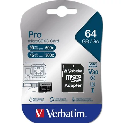 Memóriakártya, microSDXC, 64GB, CL10/U3, 90/45 MB/s, adapter, VERBATIM "PRO"