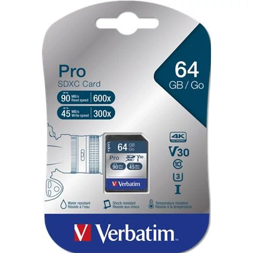 Memóriakártya, SDXC, 64GB, CL10/U3, 90/45MB/sec, VERBATIM "PRO"