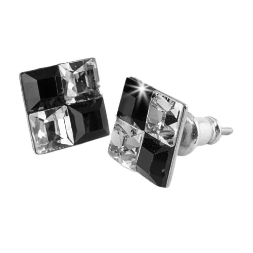 Fülbevaló, négyzet, fekete-fehér SWAROVSKI® kristállyal, 8 mm, ART CRYSTELLA®