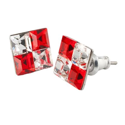 Fülbevaló, négyzet, light siam piros-fehér SWAROVSKI® kristállyal, 8mm, ART CRYSTELLA®
