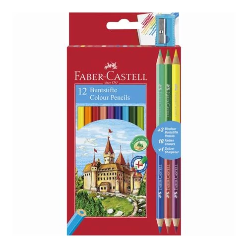 Színes ceruza készlet, hatszögletű, FABER-CASTELL, 12 különböző szín + 3 db bicolor ceruza