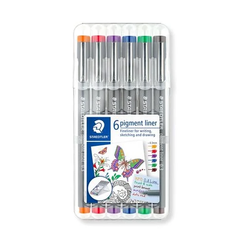 Tusfilc készlet, 0,3 mm, STAEDTLER, "Pigment Liner 308", 6 különböző szín