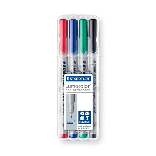 Alkoholmentes marker készlet, OHP, 0,6 mm, STAEDTLER "Lumocolor 316 F", 4 különböző szín