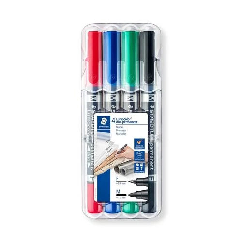 Alkoholos marker készlet, F/M, 0,6/1,5 mm, kúpos, kétvégű, STAEDTLER "Lumocolor Duo 348", 4 különböző szín