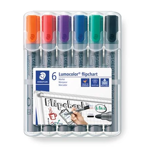 Flipchart marker készlet, 2 mm, kúpos, STAEDTLER "Lumocolor 356", 6 különböző szín