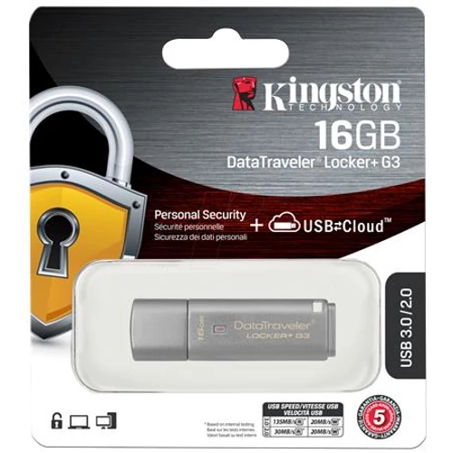 Pendrive, 16GB, USB 3.0, jelszavas védelem, KINGSTON " DataTraveler Locker+ G3", ezüst