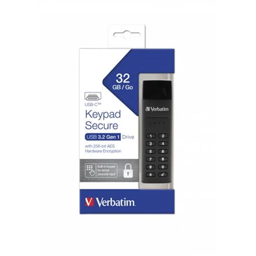 Pendrive, 32GB ,USB-C (USB 3.2), titkosítás, 160/130Mb/s, VERBATIM "Keypad Secure"