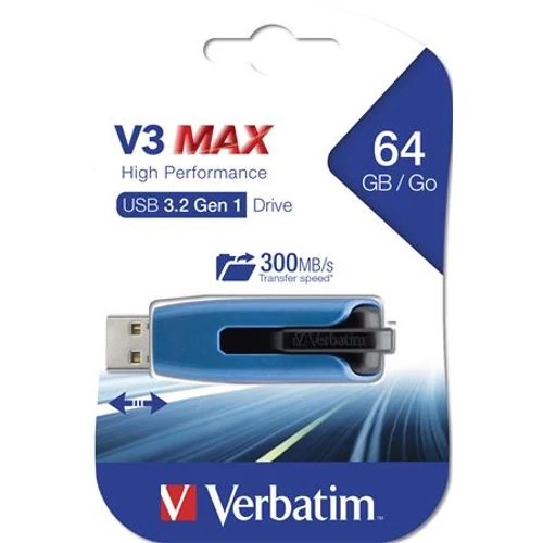 Pendrive, 64GB, USB 3.2, 175/80 MB/s, VERBATIM "V3 MAX", kék-fekete