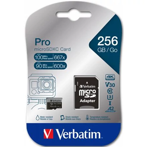 Memóriakártya, microSDXC, 256GB, CL10 / U3 / A2, 100 / 90 MB / s, adapter, VERBATIM "PRO"