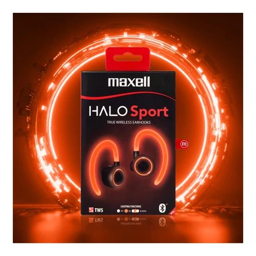 Fülhallgató, vezeték nélküli, Bluetooth, mikrofonnal, LED-es fülhallgató, MAXELL "Halo Sport", fekete