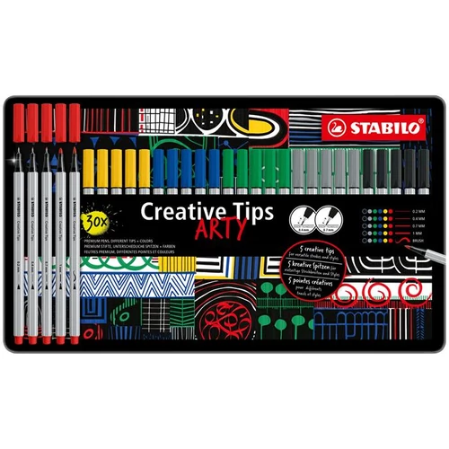 Tűfilc készlet, fém doboz, STABILO "Creative Tips ARTY", 6 különböző szín, 5 különböző vastagság