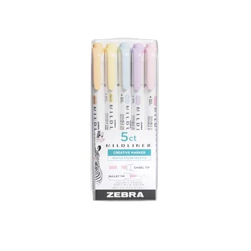 Szövegkiemelő készlet, 1,4 / 4 mm, kétvégű, ZEBRA "Mildliner Highlighter Gentle", 5 különböző szín