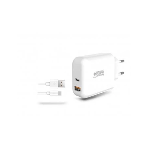 Hálózati töltő, 1xUSB-A (18W), 1xUSB-C (45W), USB-A–USB-C kábel, URBAN FACTORY