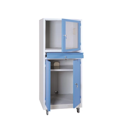 Számítógép tartó szekrény, ipari kivitel, kerekkel, 1700×680×600 mm, kék színű strukturált felületű ajtóval