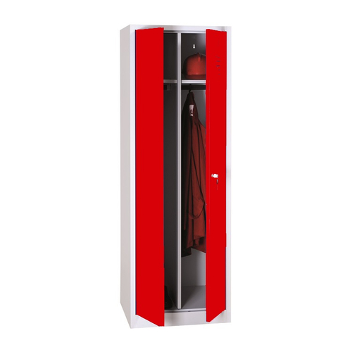 2 rekeszes szélesajtós acél öltözőszekrény, szárnyasajtós, válaszfal nélkül, 1800×800×500 mm, piros színű ajtóval