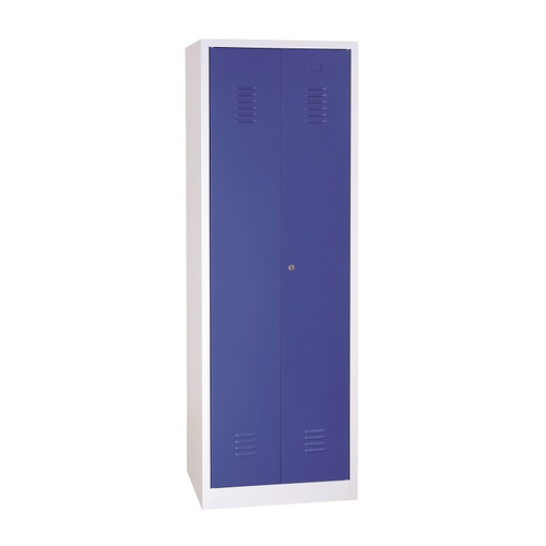 4 rekeszes hosszúajtós acél öltözőszekrény, szárnyasajtós, 1800×1170×500 mm, kék színű ajtóval