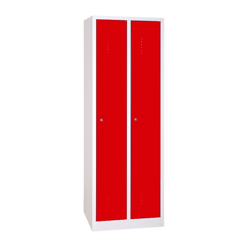2 rekeszes hosszúajtós acél öltözőszekrény, 1800×600×500 mm, piros színű ajtóval