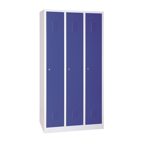 3 rekeszes hosszúajtós acél öltözőszekrény, 1800×900×500 mm, kék színű ajtóval
