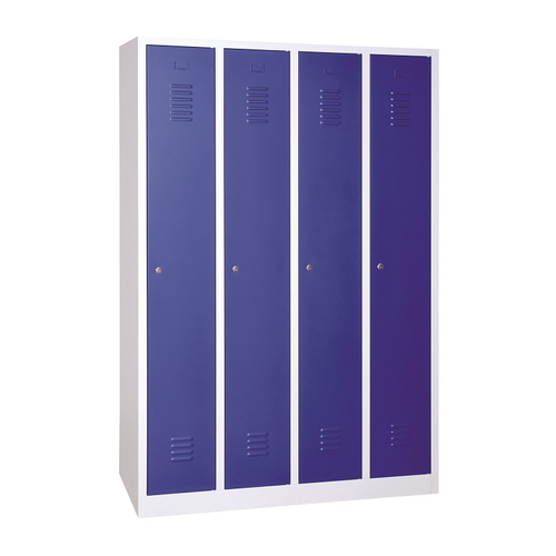 4 rekeszes hosszúajtós acél öltözőszekrény, 1800×1170×500 mm, kék színű ajtóval