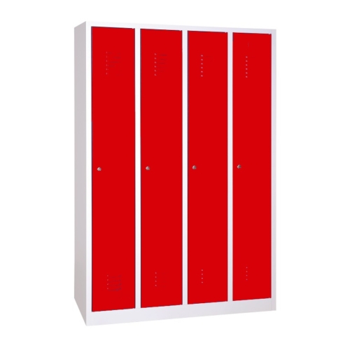 Hosszúajtós acél öltözőszekrény, 4 rekeszes, hengerzárral vagy lakatpánttal, 1800×1170×500 mm, piros színű ajtóval