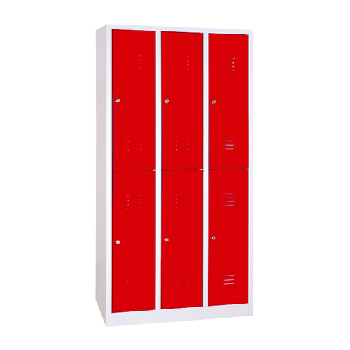 6 rekeszes rövidajtós acél öltözőszekrény, 1950×900×500 mm, piros színű ajtóval