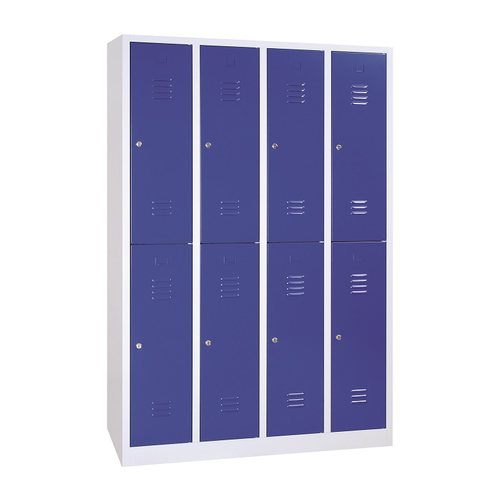 8 rekeszes rövidajtós acél öltözőszekrény, 1950×1170×500 mm, kék színű ajtóval