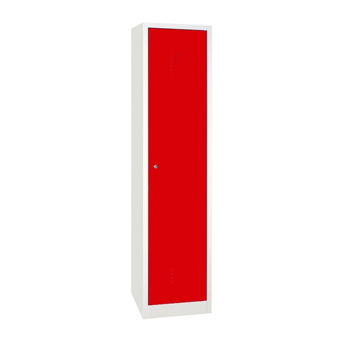 1 rekeszes szélesajtós acél öltözőszekrény, válaszfal nélkül, 1800×400×500 mm, piros színű ajtóval