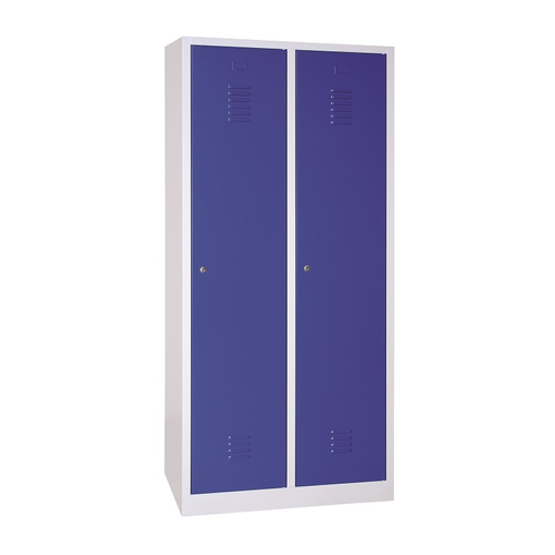 2 rekeszes szélesajtós acél öltözőszekrény, középen válaszfallal, 1800×800×500 mm, kék színű ajtóval