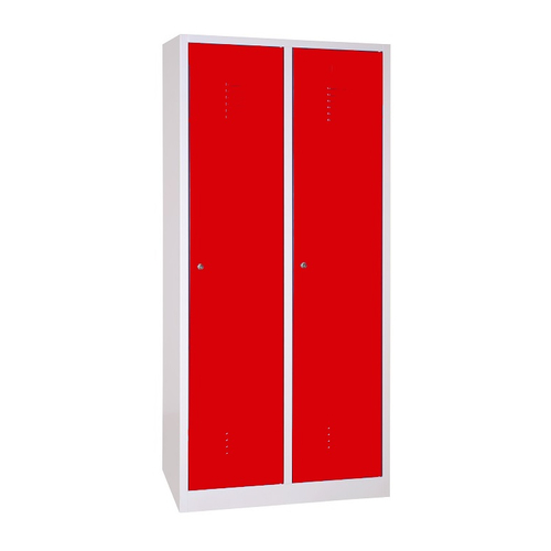 2 rekeszes szélesajtós acél öltözőszekrény, válaszfal nélkül, 1800×800×500 mm, piros színű ajtóval