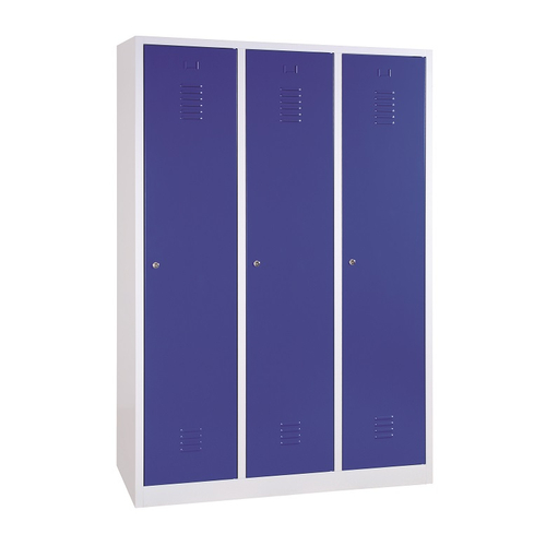 3 rekeszes szélesajtós acél öltözőszekrény, válaszfal nélkül, 1800×1200×500 mm, kék színű ajtóval