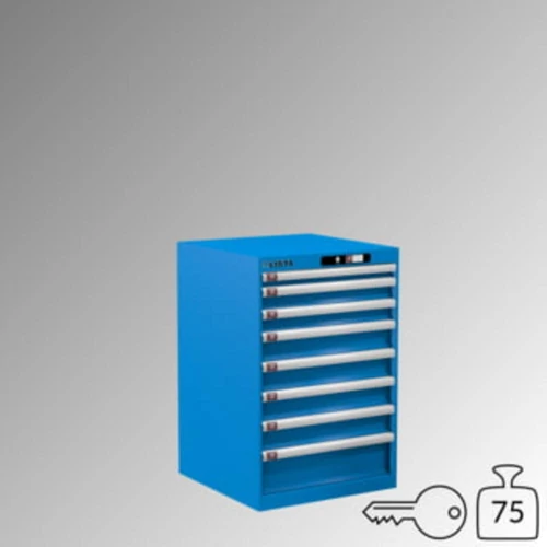 Fiókos szekrény, teherbírás/fiók: 75 kg, 8 fiók: 1x50, 2x75, 4x100, 1x150 mm, hengerzár, SZxMxM 564x572x850 mm, RAL 5012