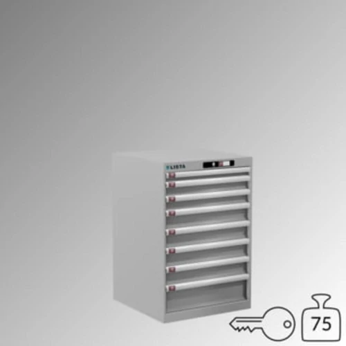 Fiókos szekrény, teherbírás/fiók: 75 kg, 8 fiók: 1x50, 2x75, 4x100, 1x150 mm, hengerzár, SZxMxM 564x572x850 mm, RAL 7035