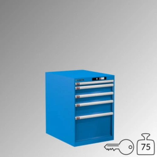 Fiókos szekrény, teherbírás/fiók: 75 kg, 5 fiók: 1x50, 2x100, 1x150, 1x300 mm, hengerzár, SZxMxM 564x725x800 mm, RAL 5012