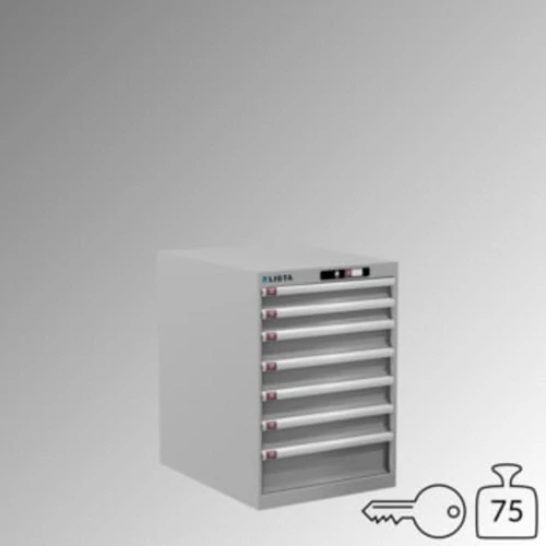 Fiókos szekrény, teherbírás/fiók: 75 kg, 7 fiók: 2x75, 4x100, 1x150 mm, hengerzár, SZxMxM 564x725x800 mm, RAL 7035