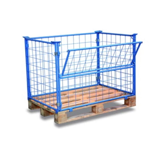 Raklapfeltét, magasság 1600 mm, 1000x1200 mm-es raklapokhoz, teherbírás 750 kg, RAL 5012 világoskék, 3 fix és 1 félig lehajtható falú