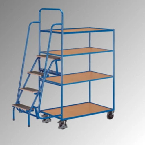 Komissiózó kocsi, 4 rakodófelület hossz 985x590 mm, 4 lépcsős létra, külső méretek hossz szélesség x 1695x625x1900 mm, teherbírás 250 kg
