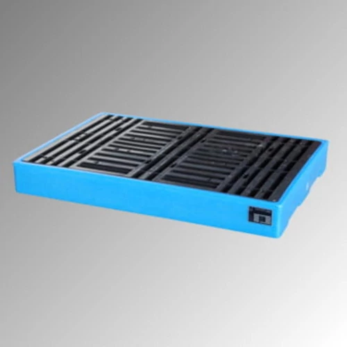Polietilén padlóvédő tálca, SZxMxM 860x1260x150 mm, kék, fekete PE raklappal, gyűjtőtérfogat 150 l, súly 20 kg, teherbírás 1000 kg