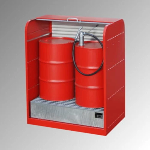 Veszélyes anyag raktár 2x200 l-es hordókhoz, SZxMxM 1300x870x1610 mm, 1 kád térfogata 215 l, redőny, RAL 5012