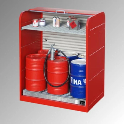 Veszélyes anyag raktár 6x60 l-es hordókhoz, SZxMxM 1300x870x1610 mm, 1 tálca, 1 rács, űrtartalom 73 l, redőny, RAL 5012