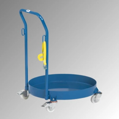 Hordógörgető 200 l-es hordókhoz, olajzáró hegesztett, zárt felfogó tálcával, tolókar, teherbírás 250 kg, RAL 5007 briliánskék