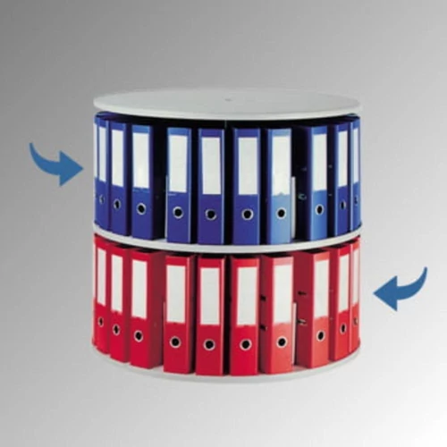 Forgatható iratrendező oszlop, 2 szint, polcok világosszürke, a szintek egyenként forgathatók, átmérő x magasság 810 x 840 mm